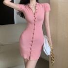 Short-sleeve Button Up Mini Sheath Dress