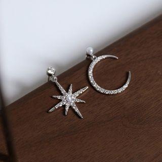 Non-matching Rhinestone Moon & Star Dangle Earring 1 Pair - Non-matching Rhinestone Moon & Star Dangle Earring - One Size