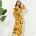 Elbow-sleeve Floral Pleated Dress
