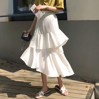 Frill Trim Asymmetric A-line Midi Skirt
