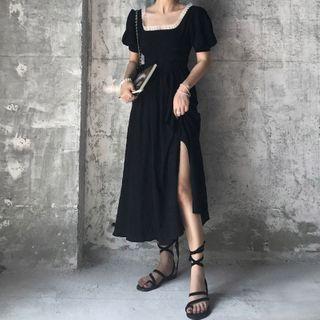 Short-sleeve Square-neck Slit Midi A-line Dress