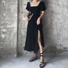 Short-sleeve Square-neck Slit Midi A-line Dress