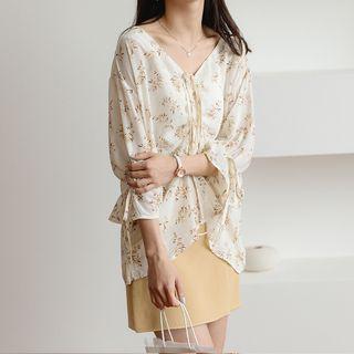 3/4-sleeve Floral Drawstring Top