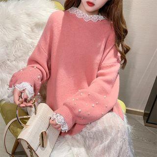 Lace Trim Faux Pearl Studded Sweater