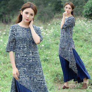 Mock Two-piece Short-sleeve Patterned Panel Maxi Dress