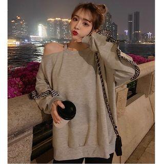Wide Off-shoulder Long-sleeve T Shirt Top Gray - Xxxs
