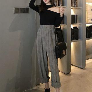 Long-sleeve Cut-out Top / Plaid Dress Pants