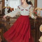 Set: Long-sleeve Floral Embroidered Blouse + Layered Midi A-line Skirt