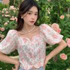 Puff-sleeve Floral Blouse Pink Flowers - White - One Size