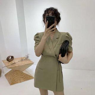 Notch Lapel Puff Sleeve A-line Wrapped Dress