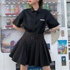 Pocket Detail Elbow-sleeve Shirt / High-waist Pleated Skirt