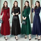 Long-sleeve Lace-panel Maxi A-line Dress