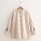 Floral Embroidered Lace Trim Long-sleeve Blouse Off-white - One Size