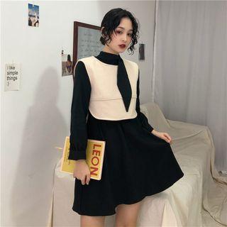 Set: Long Sleeve Mock Neck A-line Dress + Cropped Vest Black & Beige - One Size