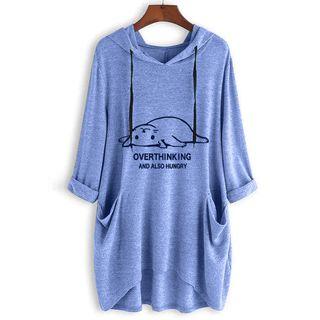 3/4-sleeve Asymmetric Printed Hooded T-shirt