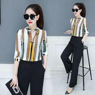 Set: Striped Long-sleeve Blouse + Wide Leg Pants