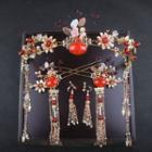 Chinese Traditional Wedding Headpiece Red Artificial Gemstone & Flower - Gold - One Size