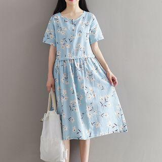 Floral Print Short-sleeve Midi A-line Dress