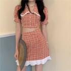 Set: Plaid Short-sleeve Cropped Blouse + Mini A-line Skirt