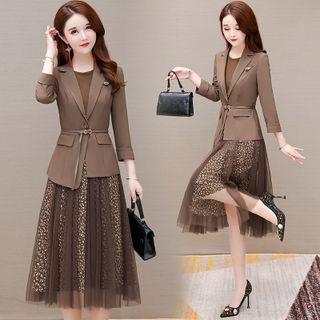Set: Sleeveless Mesh Floral Midi A-line Dress + Blazer