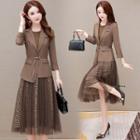 Set: Sleeveless Mesh Floral Midi A-line Dress + Blazer