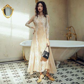 Slim-fit Long-sleeve Lace-trim Open-back Sundress