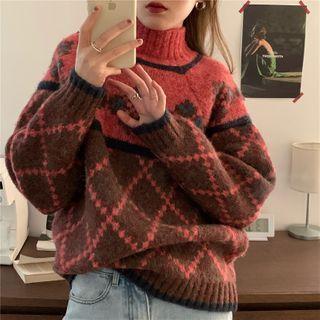 Mock-neck Argyle Sweater Argyle - Maroon & Red - One Size