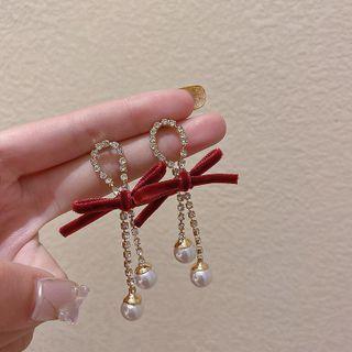 Bow Flannel Faux Pearl Rhinestone Fringed Earring