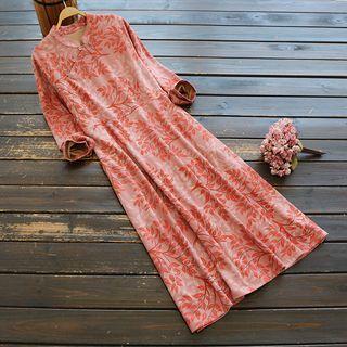 Long-sleeve Leaf Print A-line Dress