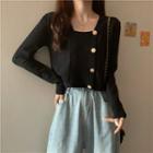 Long-sleeve Square-neck Button-up Knit Crop Top