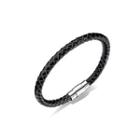 Simple Fashion Black Braided Leather Long Bracelet Silver - One Size