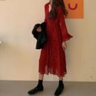 Dotted Long-sleeve Midi A-line Accordion Pleated Dress Red - One Size