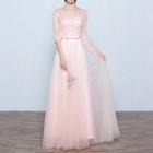 Mesh Panel Elbow-sleeve A-line Evening Gown