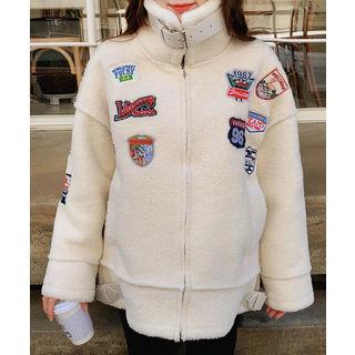 Buckled-neck Patch-trim Fleece Jacket