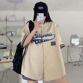 Elbow-sleeve Print Baseball Jacket