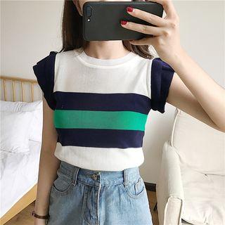Striped Color-block Knit Slim-fit Short-sleeve Top