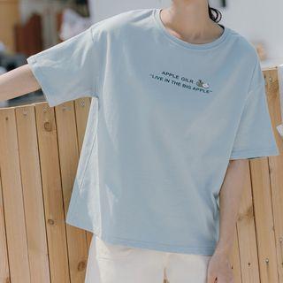 Short-sleeve Apple Print T-shirt Blue - One Size