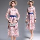 Embroidery Gather-waist Floral Midi Dress