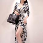 Flower Print 3/4-sleeve Midi Wrap Dress