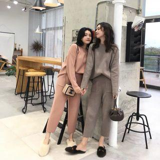 Set: Plain Sweater + Cropped Knit Straight-fit Pants