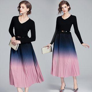 Long-sleeve Ombre Pleated Midi A-line Dress