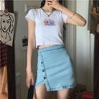 Short-sleeve Dog Print Cropped Top + Asymmetrical Buttoned Skirt