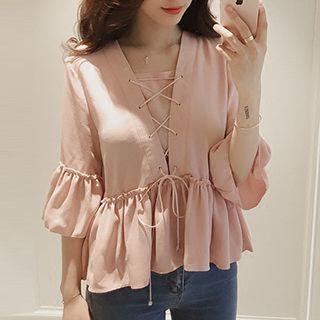 3/4-sleeve Lace Up Ruffle Hem Top