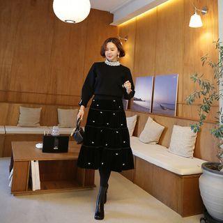 Tiered Velvet A-line Skirt Black - One Size