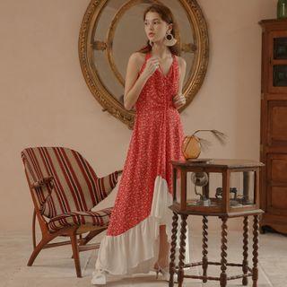 Floral Print Sleeveless Halter Mesh Hem Maxi Sundress