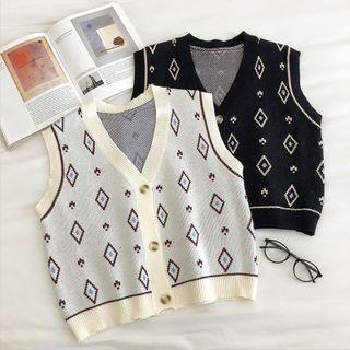 Color-block V-neck Single-breasted Knit Vest