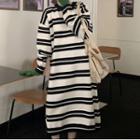 Round Neck Drop Shoulder Stripe Loose Fit Knit Dress