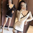 Color-block V-neck Long-sleeve Mini Dress