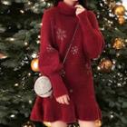 Turtleneck Snowflake Embroidered Sweater Dress
