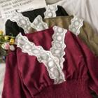 Lace-neckline Smocked-waist Corduroy Crop Top